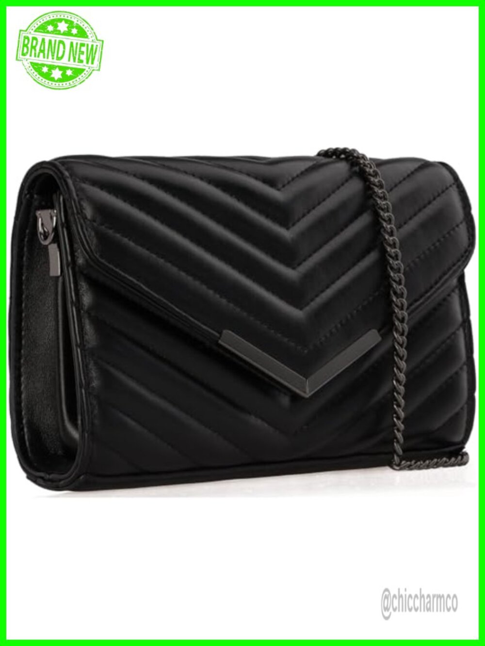 Quilted Vegan Leather Envelope Clutch Crossbody Evening Bag with Chain Strap